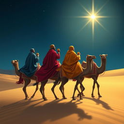 The Three Wise Men, elegantly attired in rich, ornate robes of vibrant colors such as royal blue, deep red, and golden yellow, riding gracefully on sturdy camels