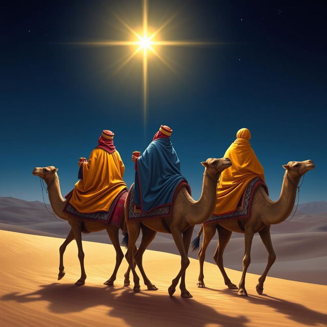 The Three Wise Men, elegantly attired in rich, ornate robes of vibrant colors such as royal blue, deep red, and golden yellow, riding gracefully on sturdy camels