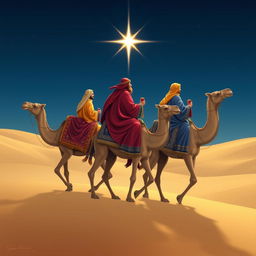 The Three Wise Men, elegantly attired in rich, ornate robes of vibrant colors such as royal blue, deep red, and golden yellow, riding gracefully on sturdy camels