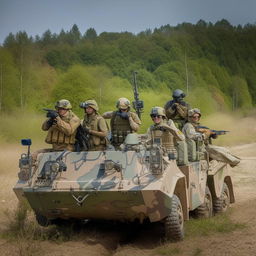 5 combatants in military fatigue, armed with assault rifles, missile launcher and radio in a rugged terrain vehicle