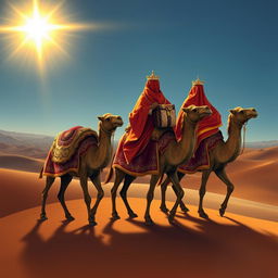 The Three Wise Men, elegantly clad in colorful, flowing robes adorned with intricate patterns of gold and silver, riding noble camels across a sprawling desert