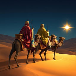 The Three Wise Men, elegantly clad in colorful, flowing robes adorned with intricate patterns of gold and silver, riding noble camels across a sprawling desert