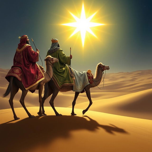 The Three Wise Men, elegantly clad in colorful, flowing robes adorned with intricate patterns of gold and silver, riding noble camels across a sprawling desert