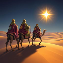 The Three Wise Men, elegantly clad in colorful, flowing robes adorned with intricate patterns of gold and silver, riding noble camels across a sprawling desert