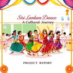 The front cover of a project report featuring vibrant illustrations of traditional Sri Lankan dance