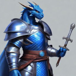 A semi-realistic digital art image of a Blue Dragonborn Cleric of Bahamut in plate mail armor, armed with two maces