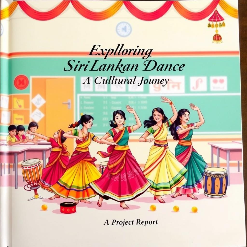 The front cover of a project report featuring vibrant illustrations of traditional Sri Lankan dance