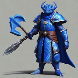 A semi-realistic digital art image of a Blue Dragonborn Cleric of Bahamut in plate mail armor, armed with two maces