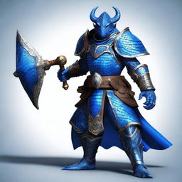 A semi-realistic digital art image of a Blue Dragonborn Cleric of Bahamut in plate mail armor, armed with two maces