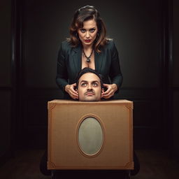 A powerful and confident woman standing over a man who is being playfully restrained, his head locked in a vintage-style box with an oval-shaped opening on top