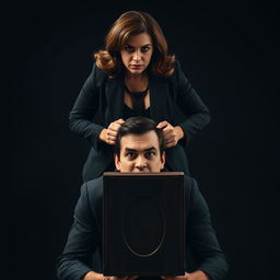 A powerful and confident woman standing over a man who is being playfully restrained, his head locked in a vintage-style box with an oval-shaped opening on top