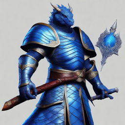 A semi-realistic digital art image of a Blue Dragonborn Cleric of Bahamut in plate mail armor, armed with two maces