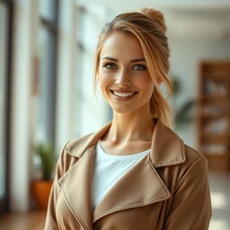 A 35-year-old woman of European Polish descent, showcasing her unique beauty, dressed in modern and stylish clothing suitable for video content