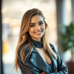 A 35-year-old woman of European Polish descent, showcasing her unique beauty, dressed in modern and stylish clothing suitable for video content