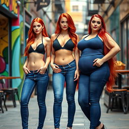 Three full length photos of a beautiful, sexy girl with long flame red hair and bright makeup
