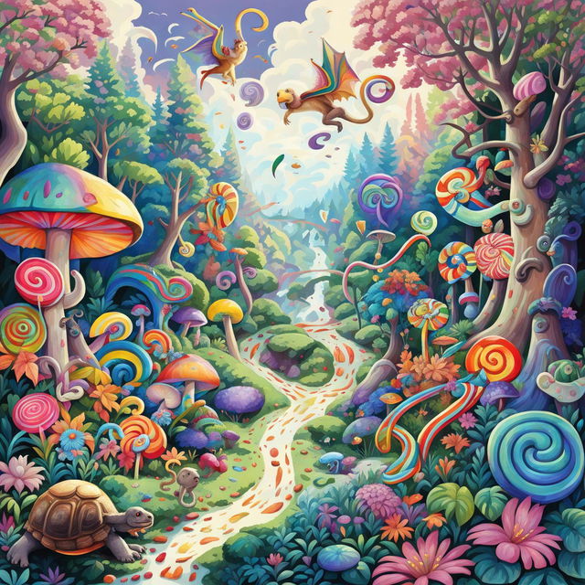 The image is a detailed digital art piece of a lively forest filled with various flora, fauna, and a candy trail