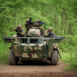 5 combatants in military fatigue, armed with assault rifles, missile launcher and radio in a rugged terrain vehicle