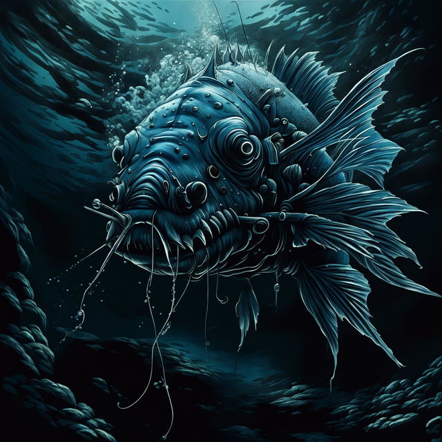 This digital art image depicts the Mariana Trench and its deep-sea life, with a focus on an anglerfish