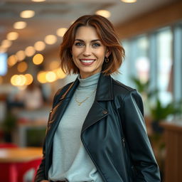 A 40-year-old woman of European Polish descent, showcasing her distinct beauty while dressed in modern and stylish clothing suitable for video content