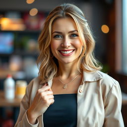 A 40-year-old woman of European Polish descent, showcasing her distinct beauty while dressed in modern and stylish clothing suitable for video content