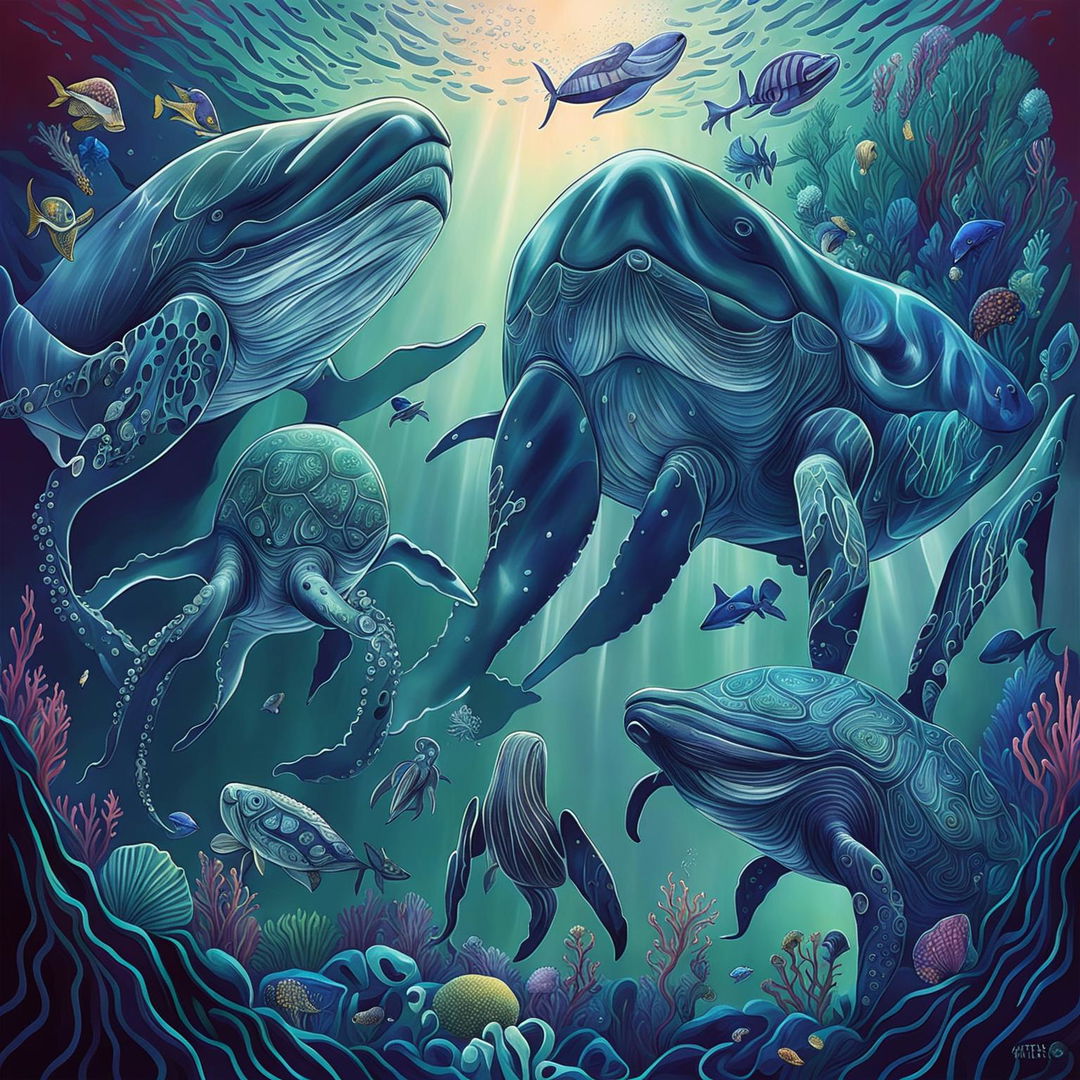 This high-quality digital art image depicts a vibrant underwater scene filled with various sea creatures, including whales, walruses, an octopus, fish, sea turtles, jellyfish, starfish, and seashells