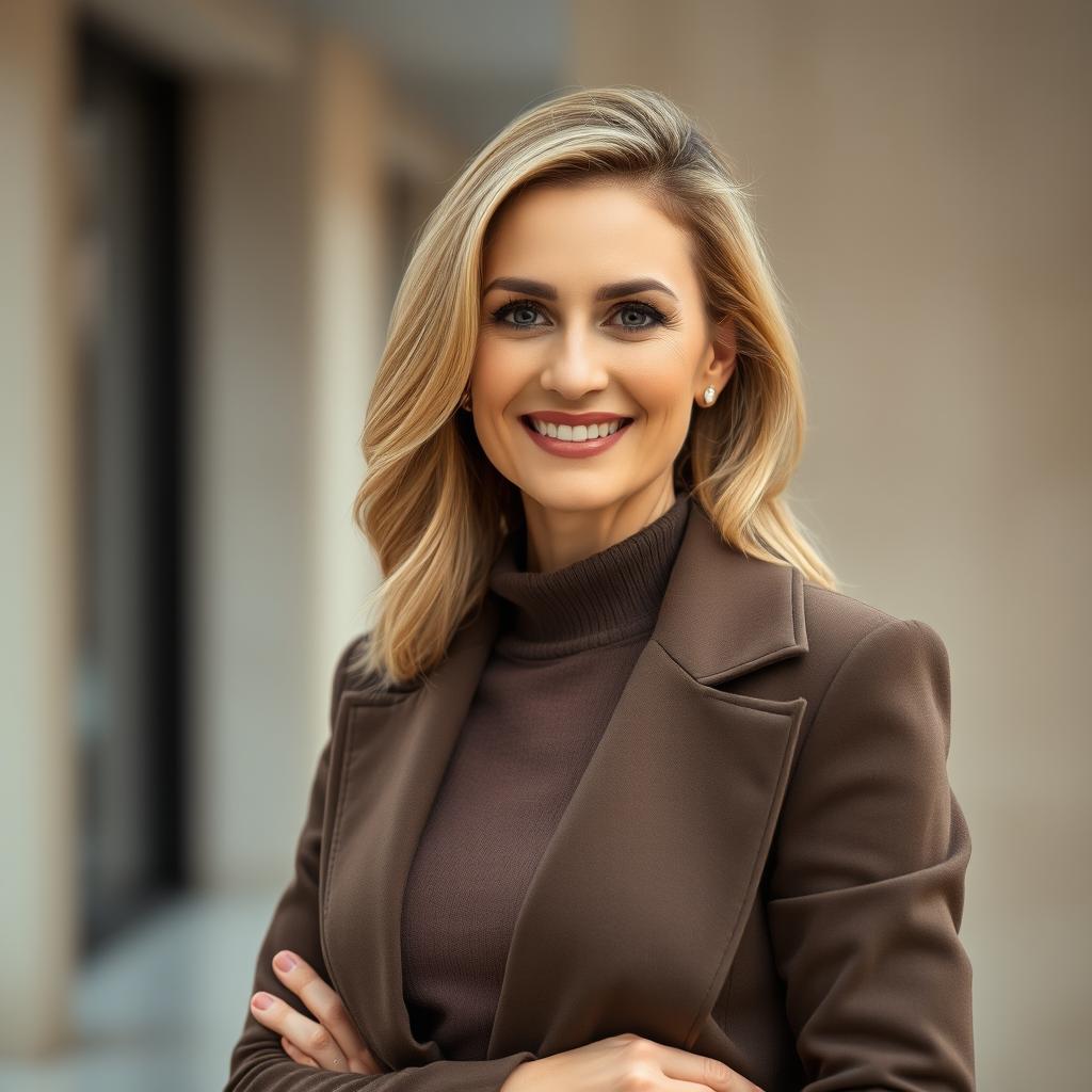 A 45-year-old woman of European Polish descent, presenting her elegant beauty while dressed in stylish and contemporary clothing suited for video content