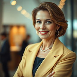 A 45-year-old woman of European Polish descent, presenting her elegant beauty while dressed in stylish and contemporary clothing suited for video content