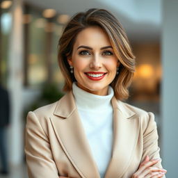 A 45-year-old woman of European Polish descent, presenting her elegant beauty while dressed in stylish and contemporary clothing suited for video content