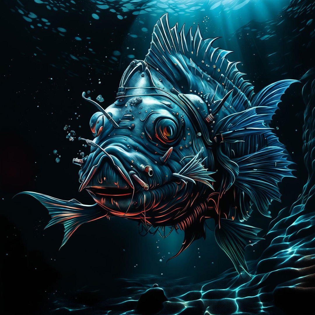 This digital art image depicts a scene from the Mariana Trench, focusing on an anglerfish and an underwater camera