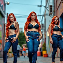 Three full length photos of a beautiful, sexy girl with long flame red hair and bright makeup