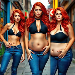Three full length photos of a beautiful, sexy girl with long flame red hair and bright makeup