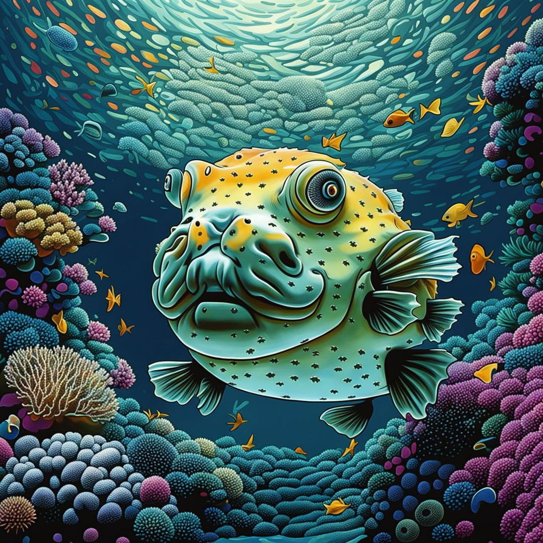 A high-definition digital art image featuring a detailed and vibrantly colored pufferfish in the center of an underwater landscape