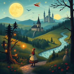 A whimsical illustration representing folklore from Estonia, showcasing traditional elements like enchanted forests, mythical creatures such as the kratt (a magical servant made from household items), and ancient Estonian castles in the background