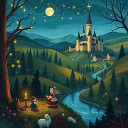 A whimsical illustration representing folklore from Estonia, showcasing traditional elements like enchanted forests, mythical creatures such as the kratt (a magical servant made from household items), and ancient Estonian castles in the background