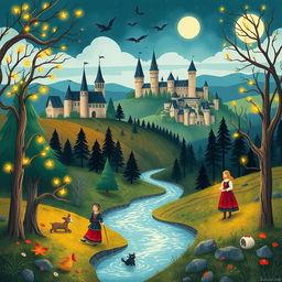 A whimsical illustration representing folklore from Estonia, showcasing traditional elements like enchanted forests, mythical creatures such as the kratt (a magical servant made from household items), and ancient Estonian castles in the background