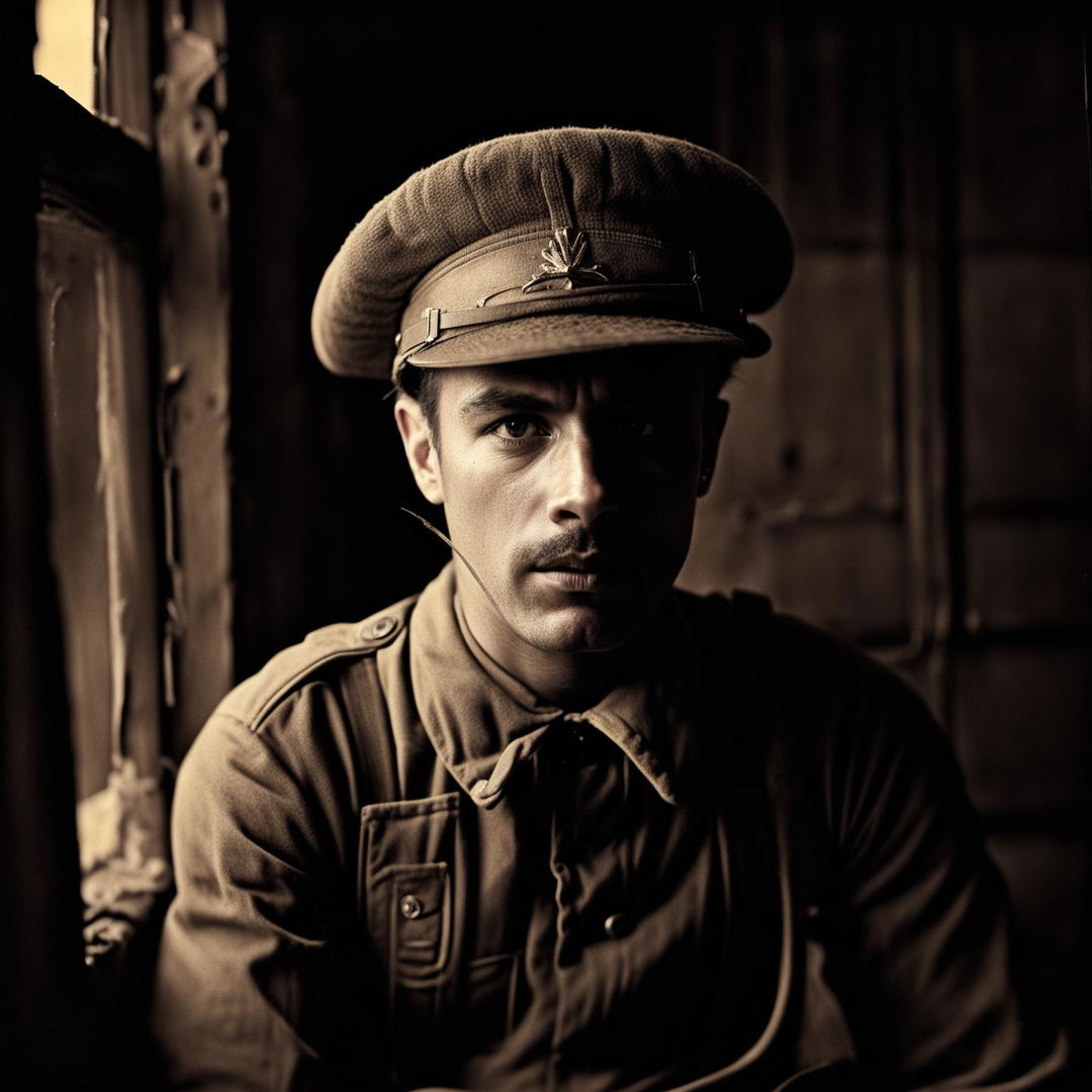 A high-quality, digitized vintage photograph from the World War II era, featuring a candid portrait of a soldier in soft, diffused natural light