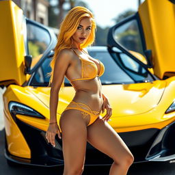 A stunning woman with vibrant yellow hair, showcasing her beautiful figure in a stylish thong as she confidently poses next to a striking yellow McLaren
