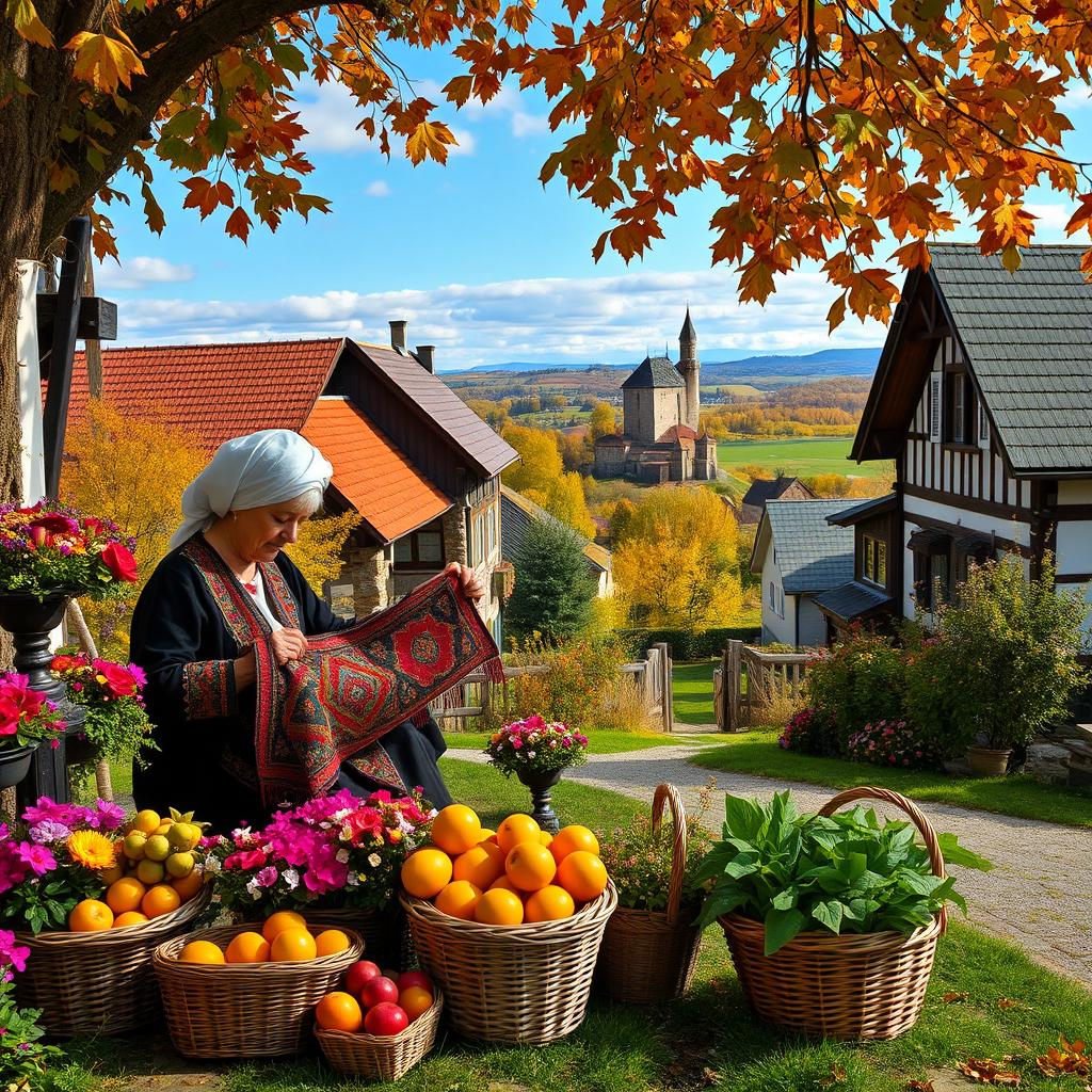 A captivating view of a traditional Estonian village during autumn, featuring colorful foliage and wooden houses with unique architecture