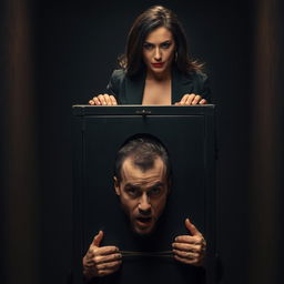 A strong and assertive woman standing over a man who is completely restrained, his head fully ensconced within a locked box featuring an oval-shaped opening on top