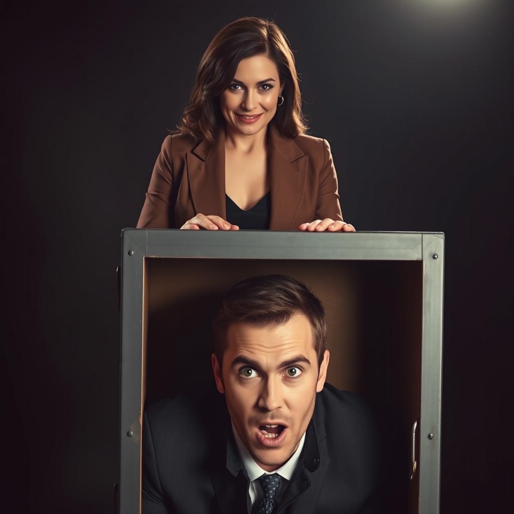 A strong and assertive woman standing over a man who is completely restrained, his head fully ensconced within a locked box featuring an oval-shaped opening on top