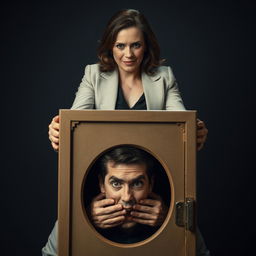 A strong and assertive woman standing over a man who is completely restrained, his head fully ensconced within a locked box featuring an oval-shaped opening on top
