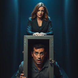 A strong and assertive woman standing over a man who is completely restrained, his head fully ensconced within a locked box featuring an oval-shaped opening on top