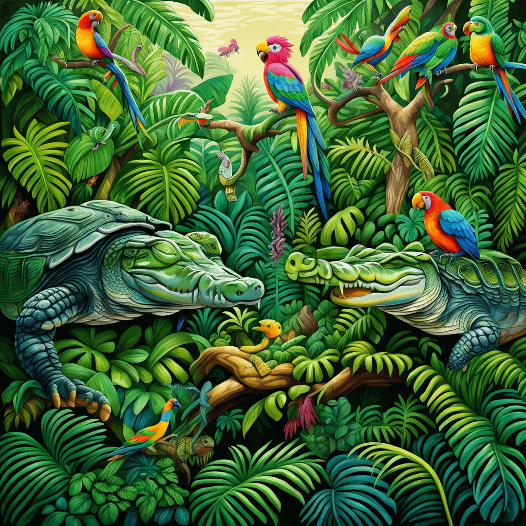 This digital art image depicts a lively tropical rainforest scene with two crocodiles, a pair of snakes, brilliantly colored parrots, and turtles