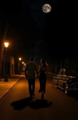 A romantic night scene depicting a couple walking hand in hand along a quiet, dimly lit road, surrounded by tall trees and softly glowing street lamps