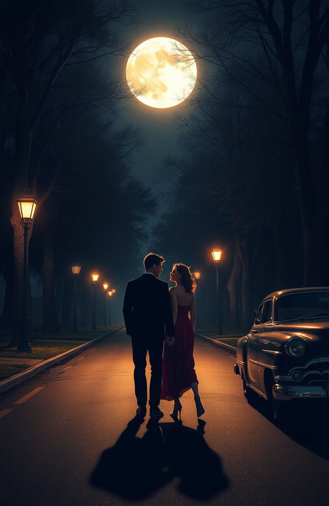 A romantic night scene depicting a couple walking hand in hand along a quiet, dimly lit road, surrounded by tall trees and softly glowing street lamps