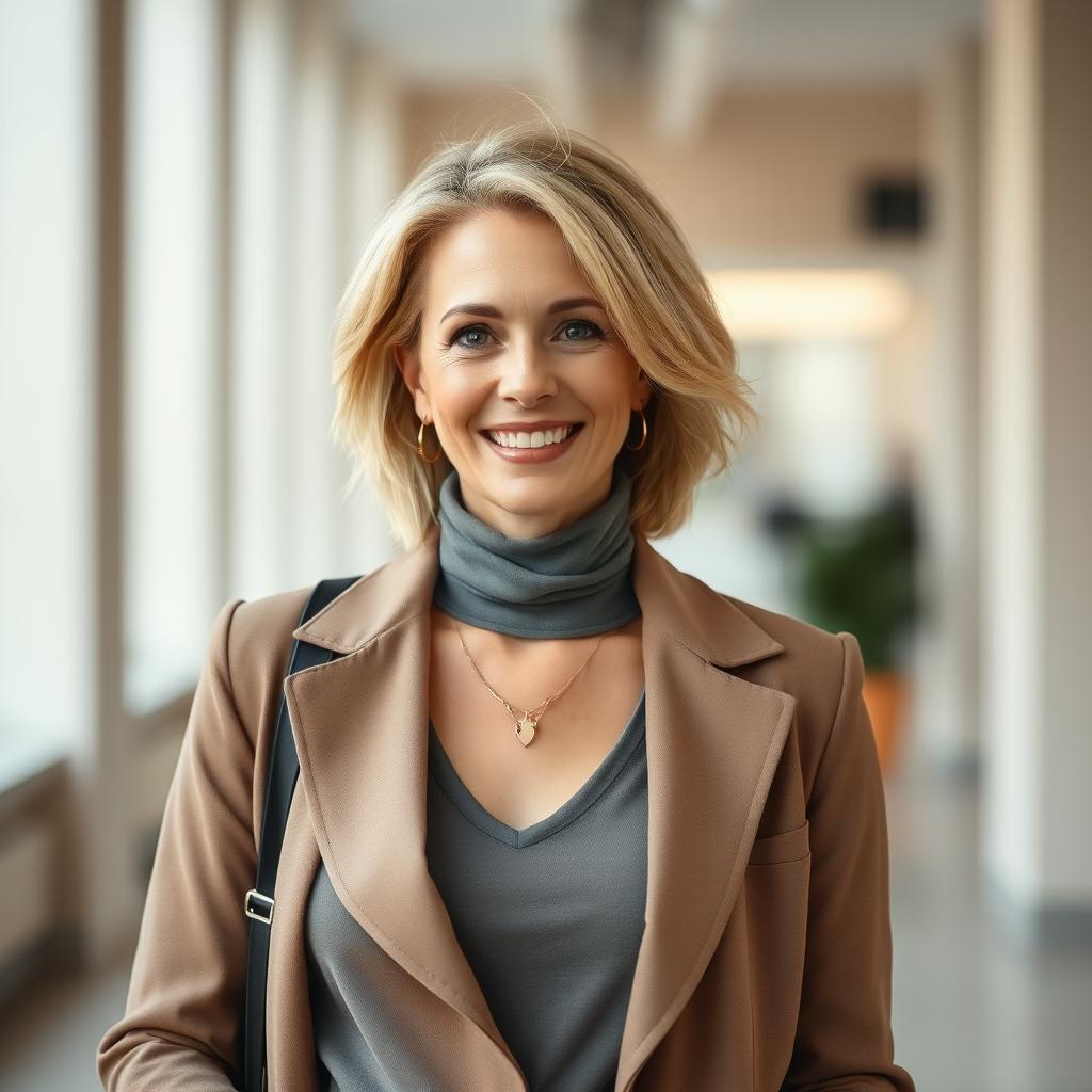 A 45-year-old woman of European Polish descent, adorned in stylish and contemporary clothing, exuding confidence and grace suitable for video content