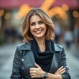 A 45-year-old woman of European Polish descent, adorned in stylish and contemporary clothing, exuding confidence and grace suitable for video content