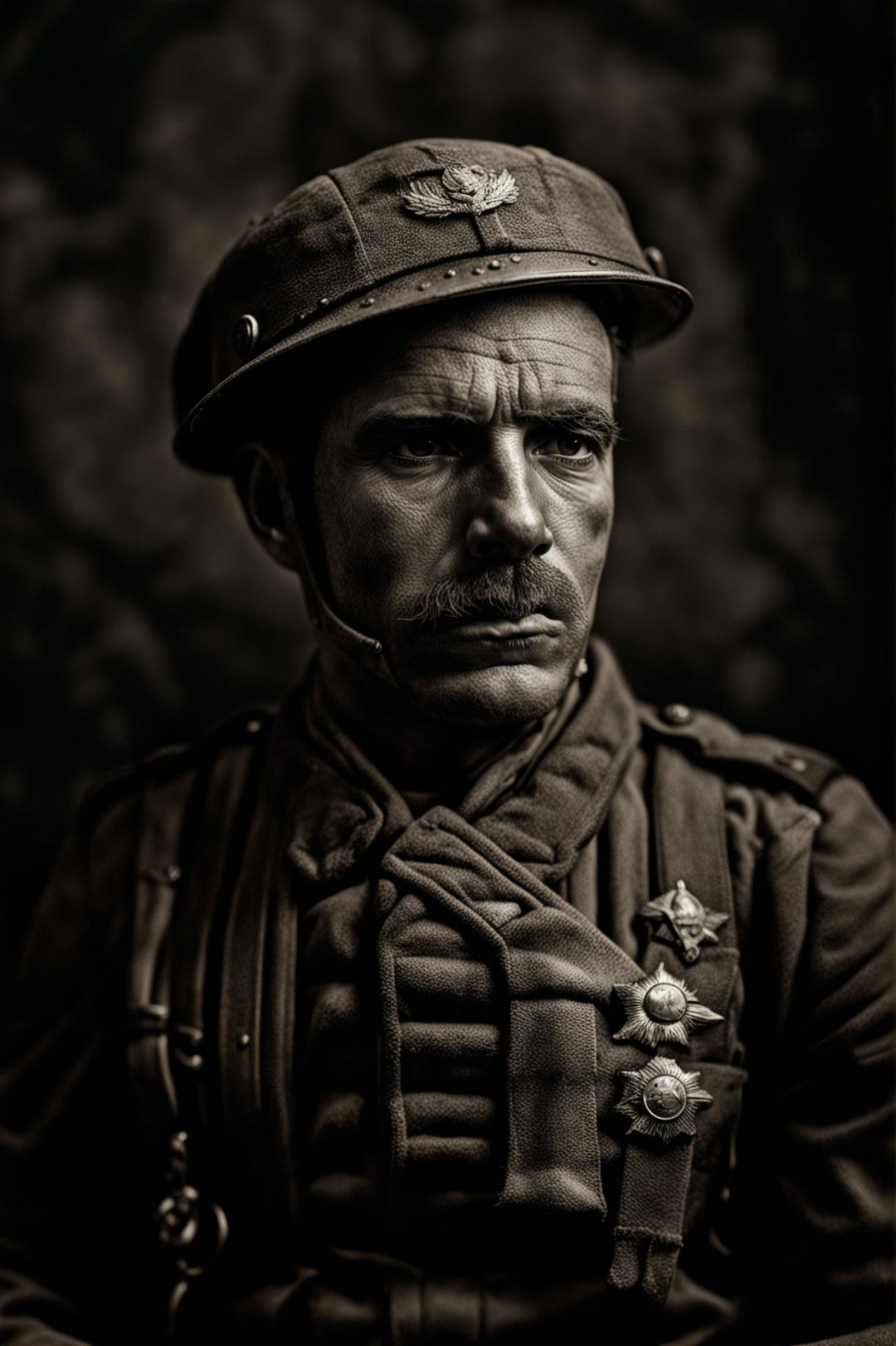 A high-resolution vintage portrait of a WW1 soldier, bathed in soft, diffused natural light