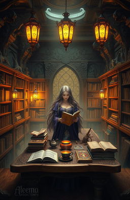 Aleena's Abditory, a mysterious and enchanting hidden library filled with ancient books, glowing scrolls, and intricate wooden shelves