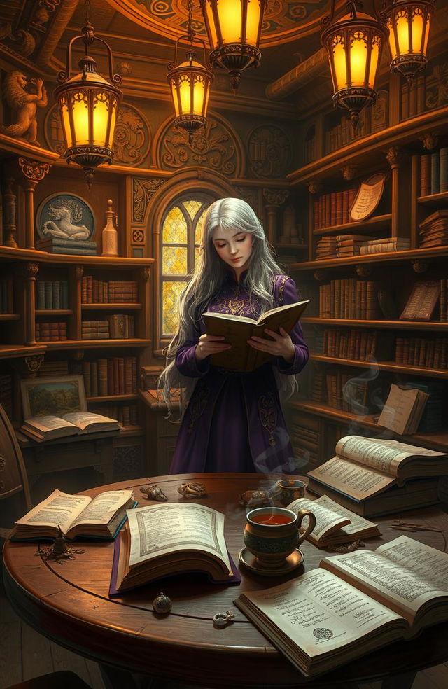 Aleena's Abditory, a mysterious and enchanting hidden library filled with ancient books, glowing scrolls, and intricate wooden shelves